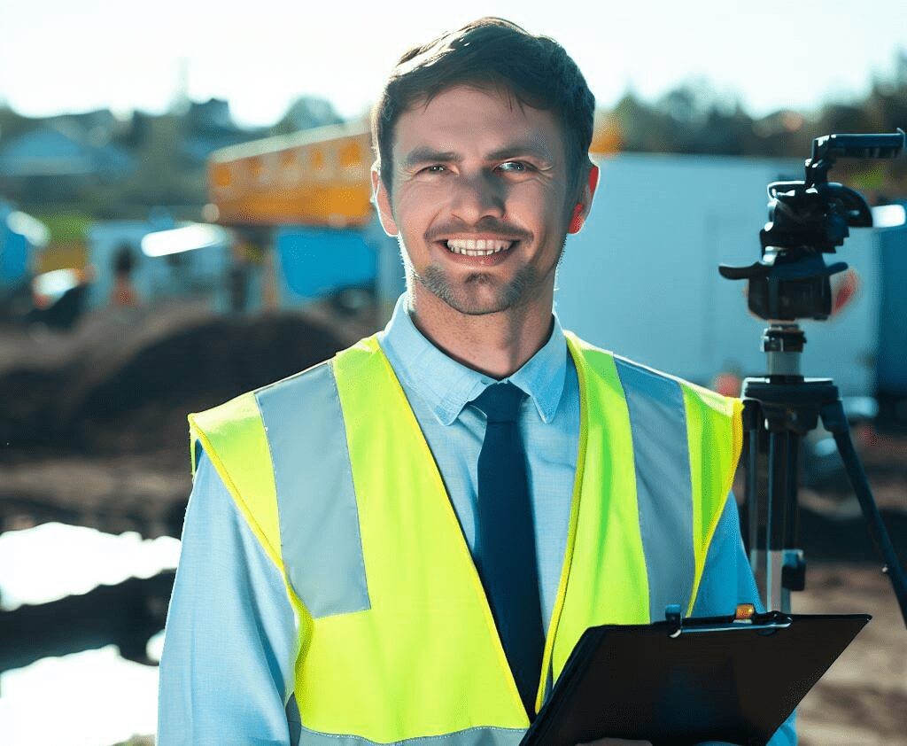 Expert souriant sur un chantier d'assainissement non collectif