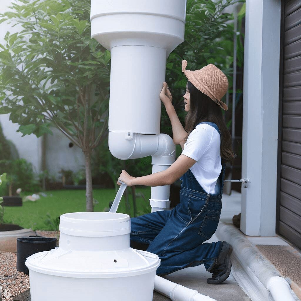 Particulier installant un système de récupération d'eau de pluie