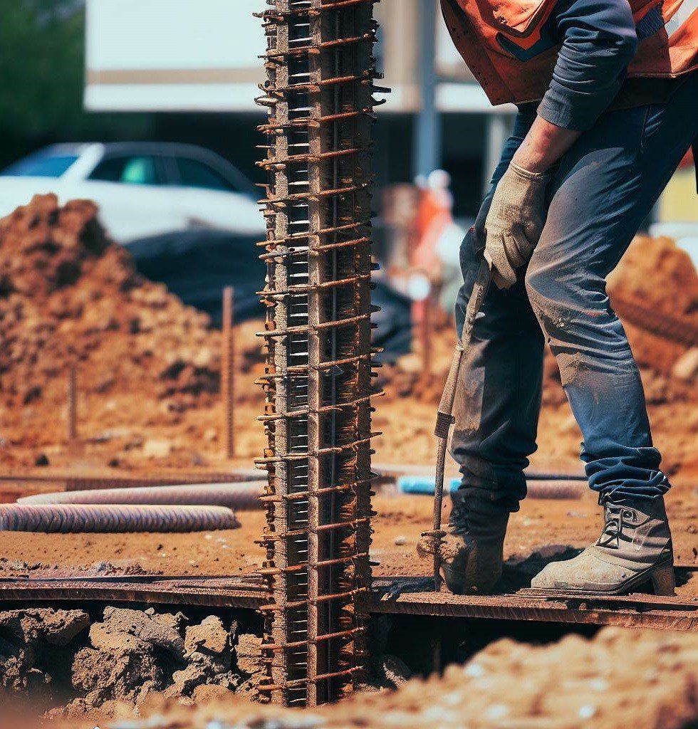 Un pieu vissé en acier étant installé dans le sol comme solution de renforcement des fondations.