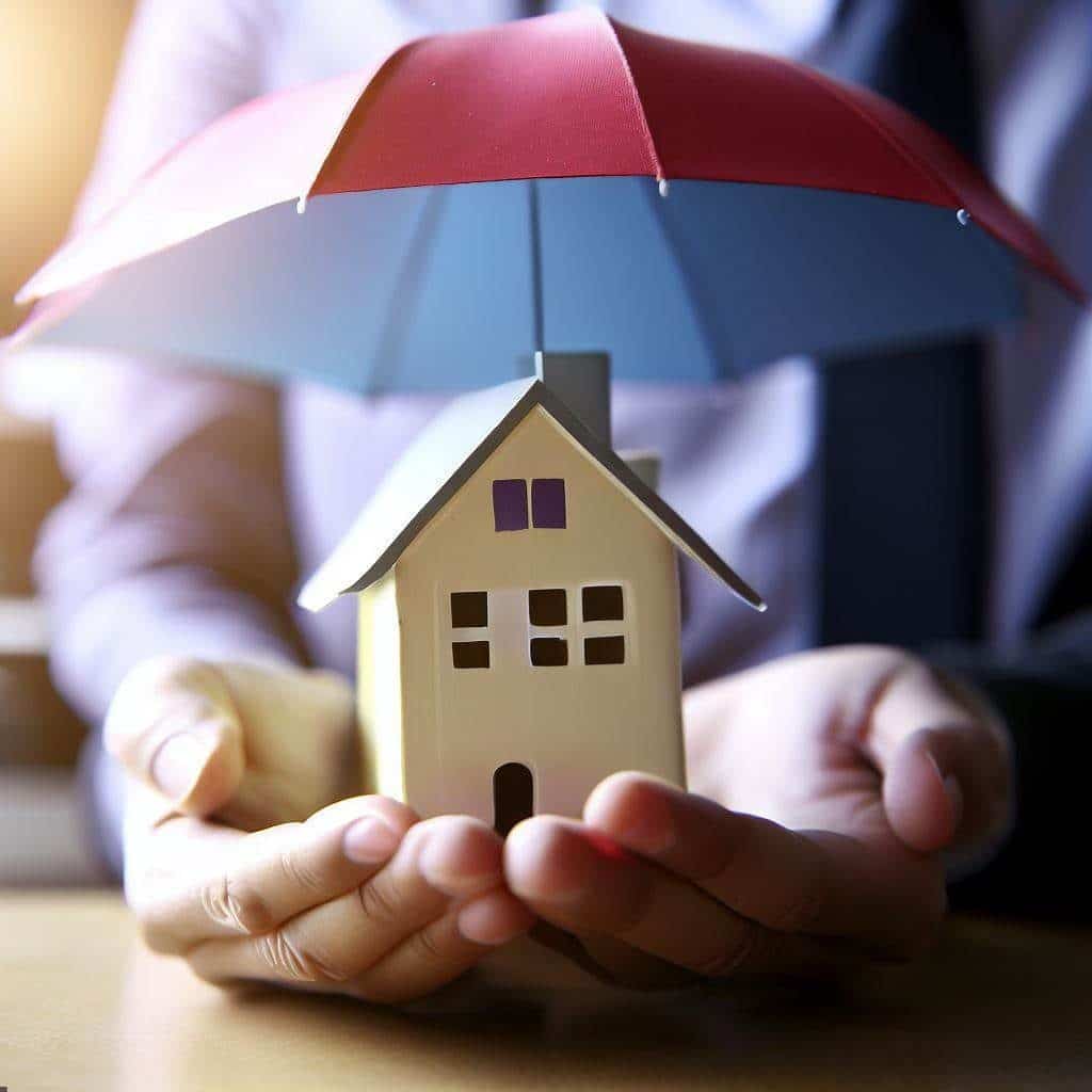 Une main tenant une maquette de maison sous un parapluie, symbolisant la protection de l'habitat