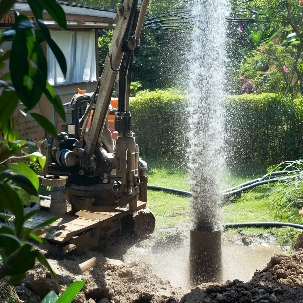 Machine de forage dans un jardin parisien pour l'accès à l'eau souterraine