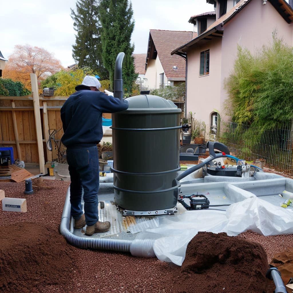 Ouvrier installant une fosse septique chez un particulier à Strasbourg